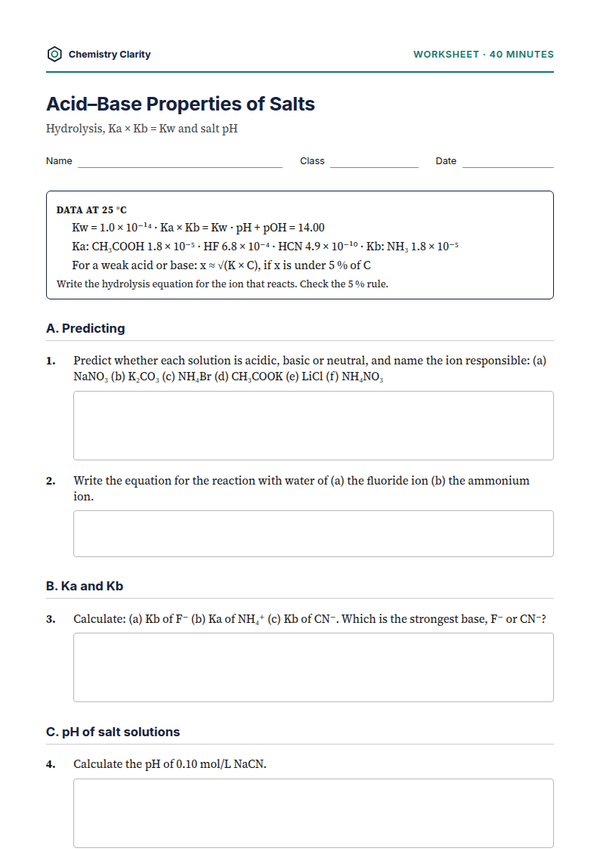 Preview of the first page of Acid–Base Properties of Salts Worksheet