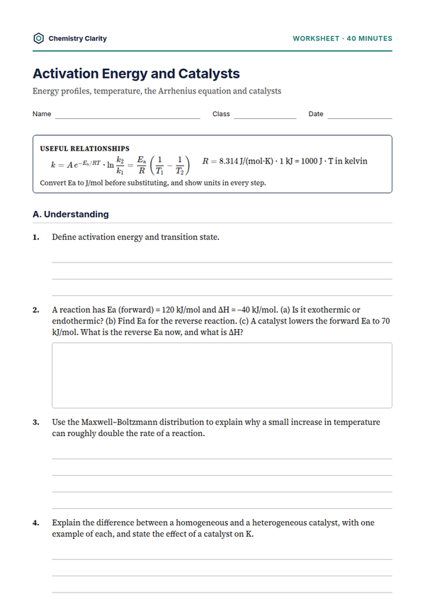 Preview of the first page of Activation Energy and Catalysts Worksheet