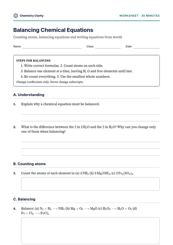Preview of the first page of Balancing Chemical Equations Worksheet
