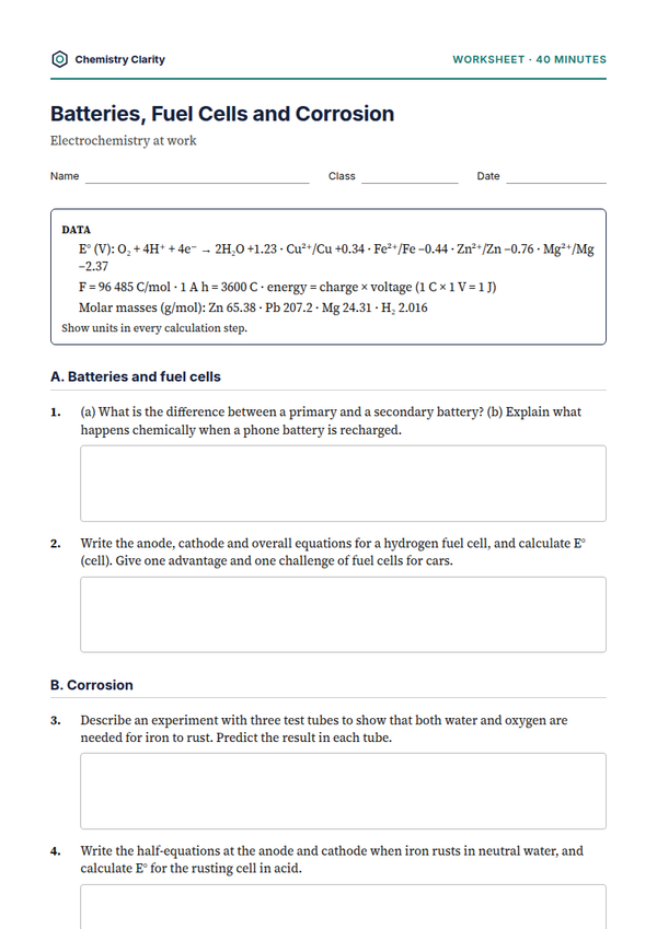 Preview of the first page of Batteries, Fuel Cells and Corrosion Worksheet