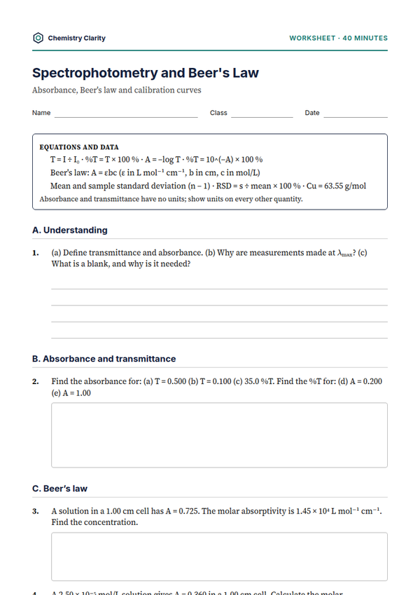 Preview of the first page of Spectrophotometry and Beer's Law Worksheet