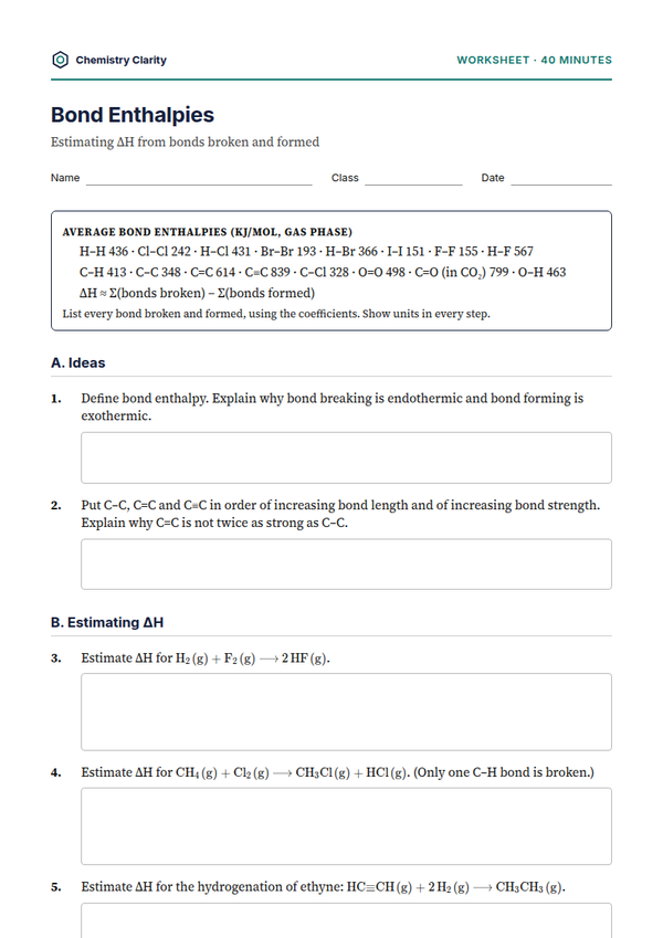 Preview of the first page of Bond Enthalpies Worksheet