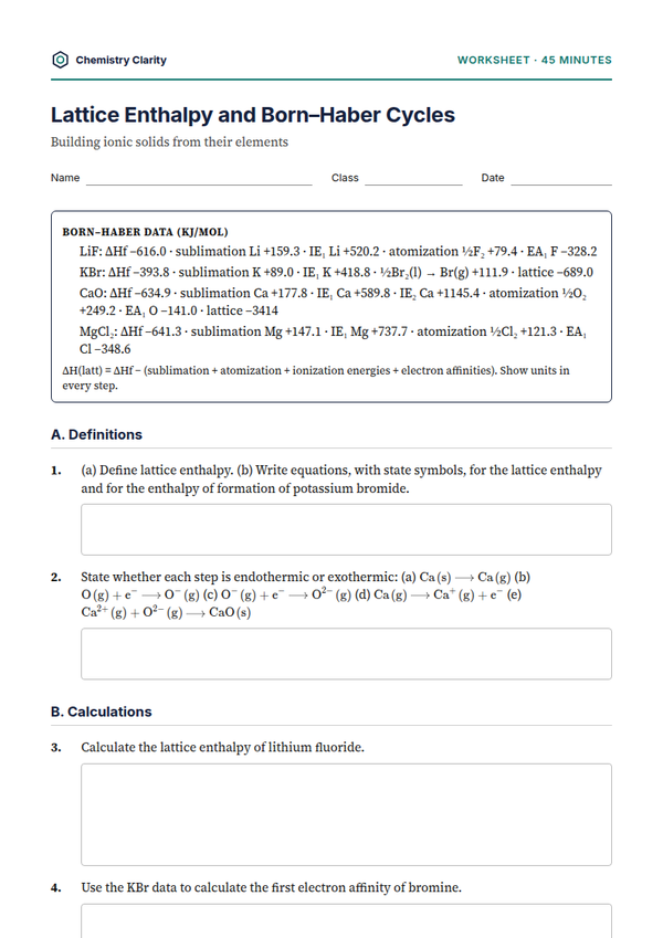 Preview of the first page of Lattice Enthalpy and Born–Haber Cycles Worksheet