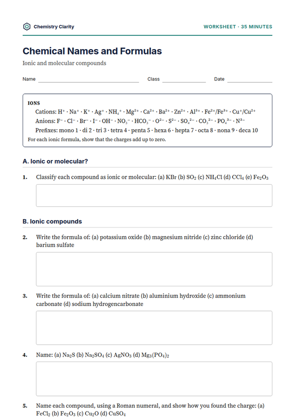 Preview of the first page of Chemical Names and Formulas Worksheet