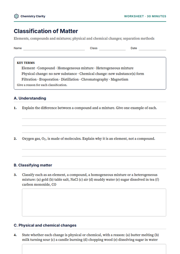 Preview of the first page of Classification of Matter Worksheet