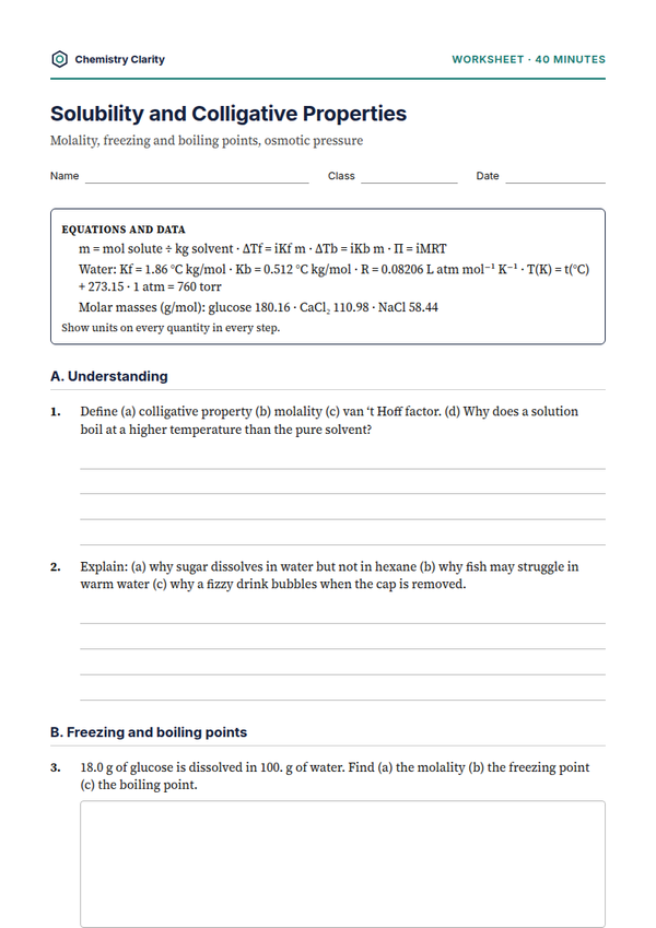 Preview of the first page of Solubility and Colligative Properties Worksheet