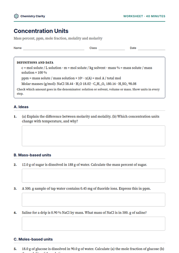 Preview of the first page of Concentration Units Worksheet