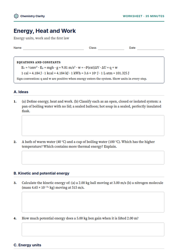 Preview of the first page of Energy, Heat and Work Worksheet