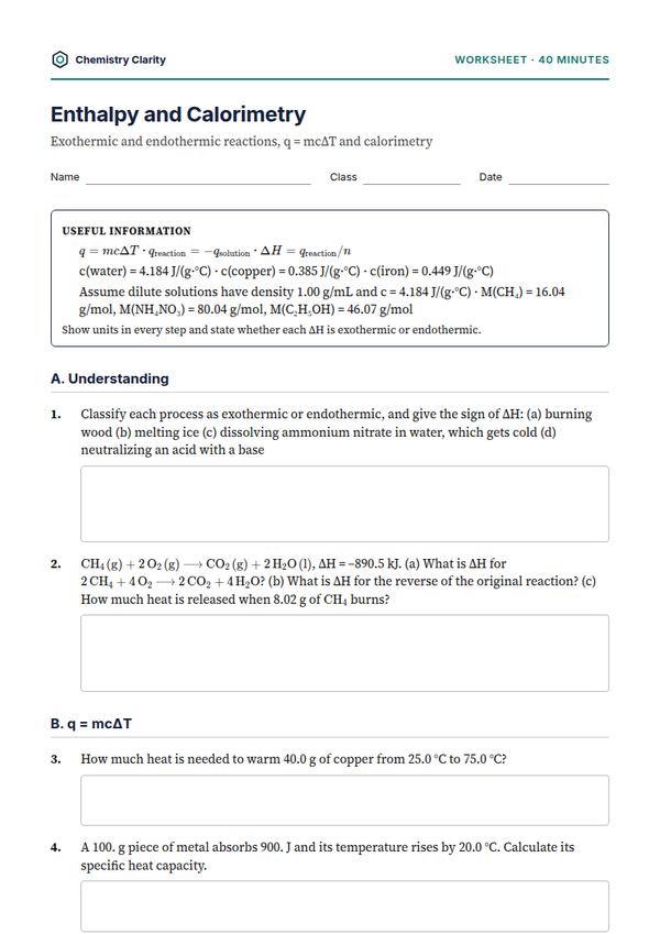 Preview of the first page of Enthalpy and Calorimetry Worksheet