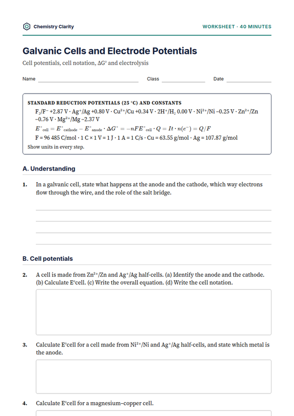 Preview of the first page of Galvanic Cells and Electrode Potentials Worksheet