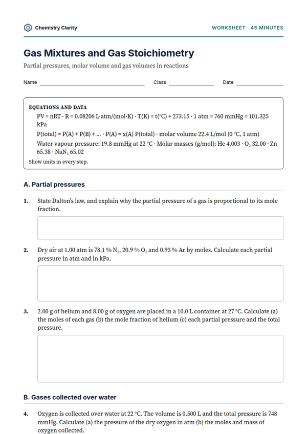 Preview of the first page of Gas Mixtures and Gas Stoichiometry Worksheet