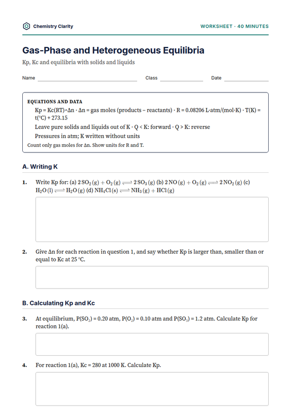 Preview of the first page of Gas-Phase and Heterogeneous Equilibria Worksheet
