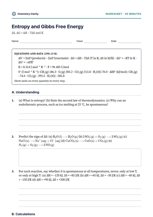 Preview of the first page of Entropy and Gibbs Free Energy Worksheet