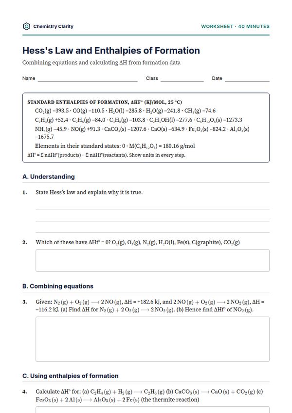 Preview of the first page of Hess's Law and Enthalpies of Formation Worksheet