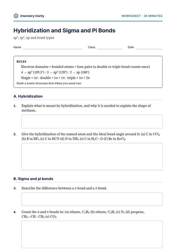 Preview of the first page of Hybridization and Sigma and Pi Bonds Worksheet