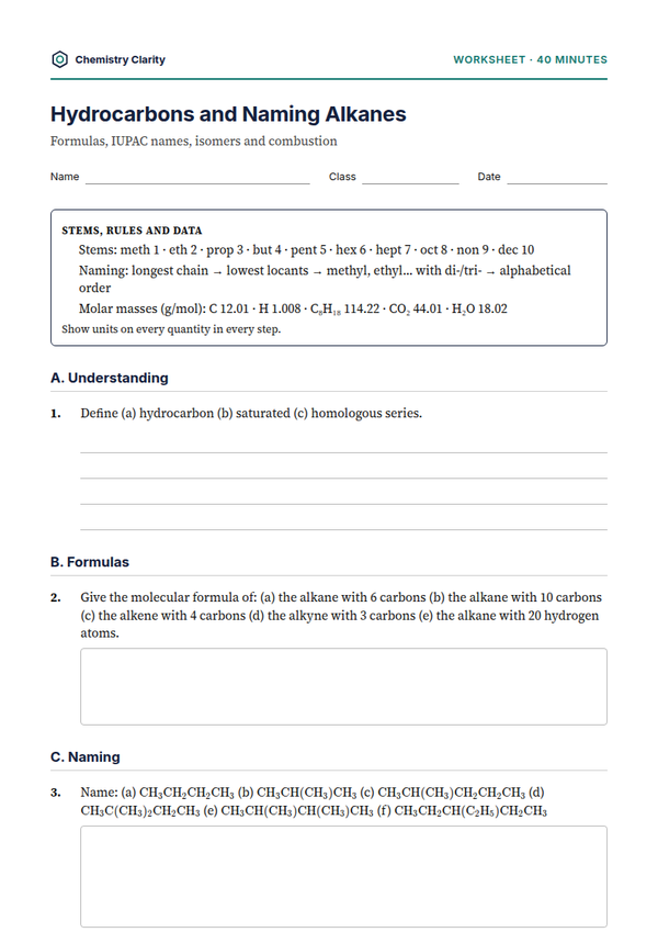 Preview of the first page of Hydrocarbons and Naming Alkanes Worksheet