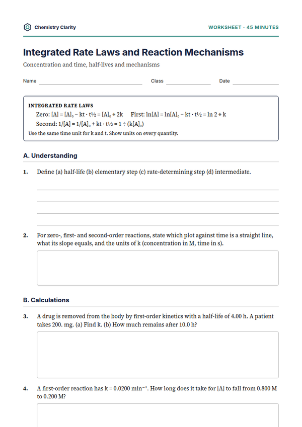 Preview of the first page of Integrated Rate Laws and Mechanisms Worksheet