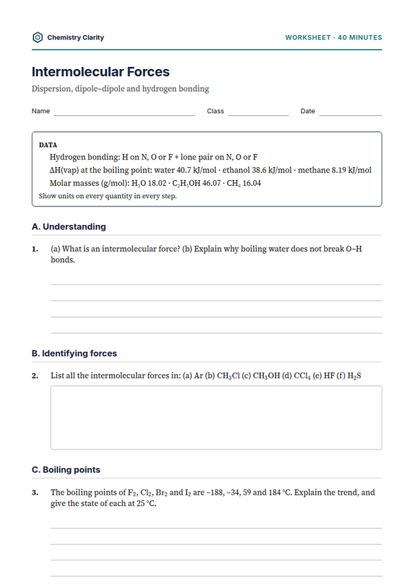 Preview of the first page of Intermolecular Forces Worksheet