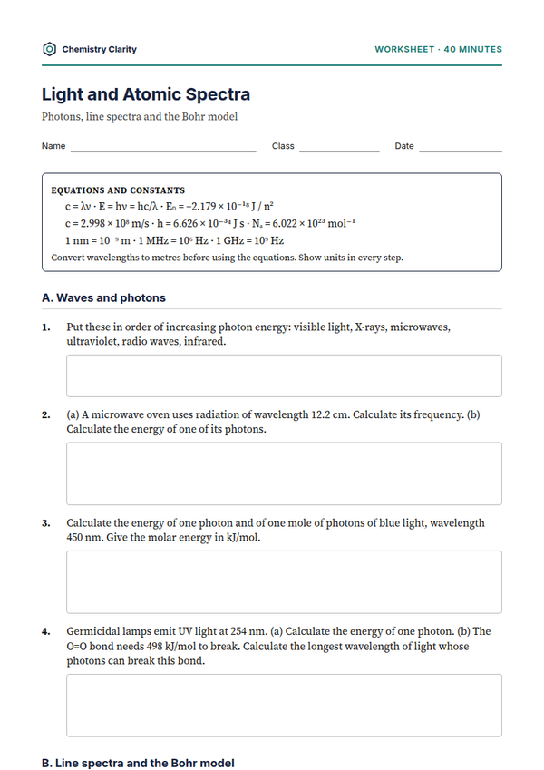 Preview of the first page of Light and Atomic Spectra Worksheet