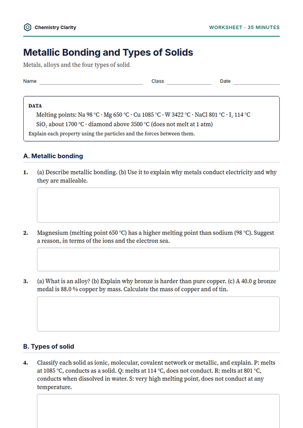 Preview of the first page of Metallic Bonding and Types of Solids Worksheet