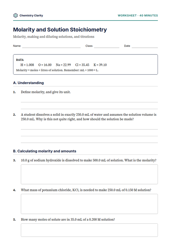 Preview of the first page of Molarity Worksheet