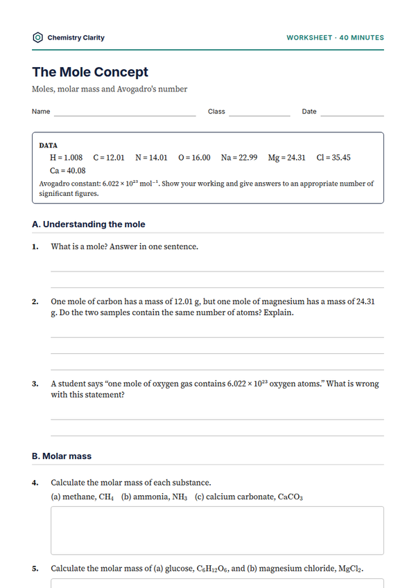 Preview of the first page of Mole Concept Worksheet