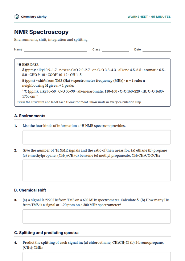 Preview of the first page of NMR Spectroscopy Worksheet