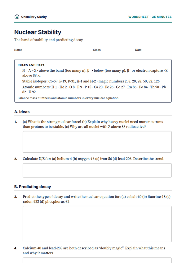 Preview of the first page of Nuclear Stability Worksheet