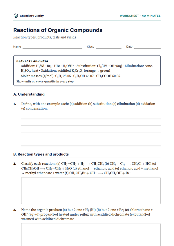 Preview of the first page of Reactions of Organic Compounds Worksheet