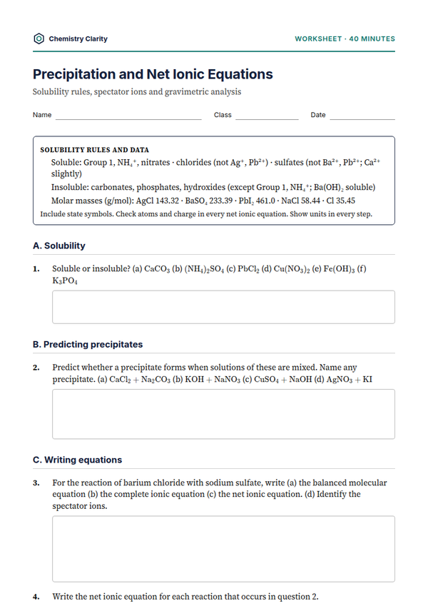Preview of the first page of Precipitation and Net Ionic Equations Worksheet