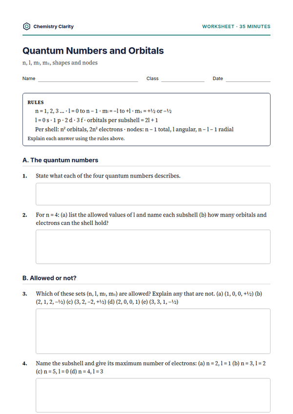 Preview of the first page of Quantum Numbers and Orbitals Worksheet
