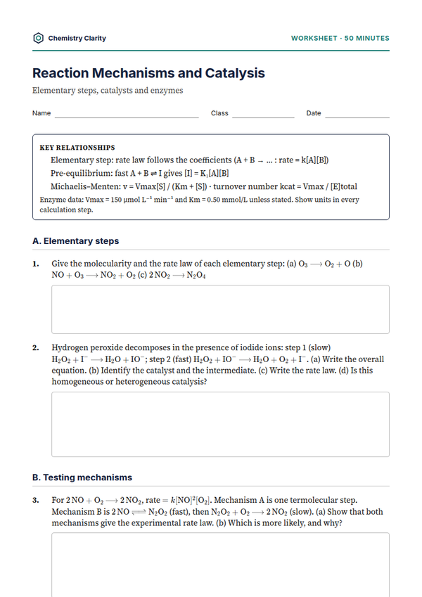 Preview of the first page of Reaction Mechanisms and Catalysis Worksheet