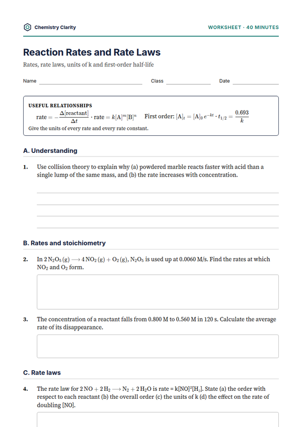 Preview of the first page of Reaction Rates and Rate Laws Worksheet