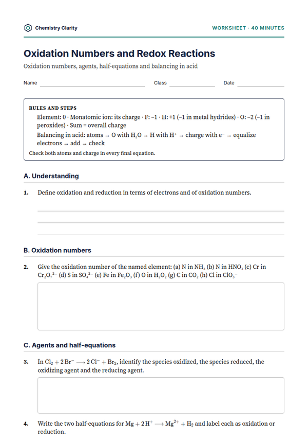 Preview of the first page of Oxidation Numbers and Redox Reactions Worksheet