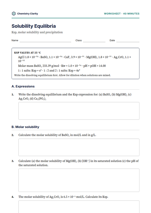 Preview of the first page of Solubility Equilibria Worksheet