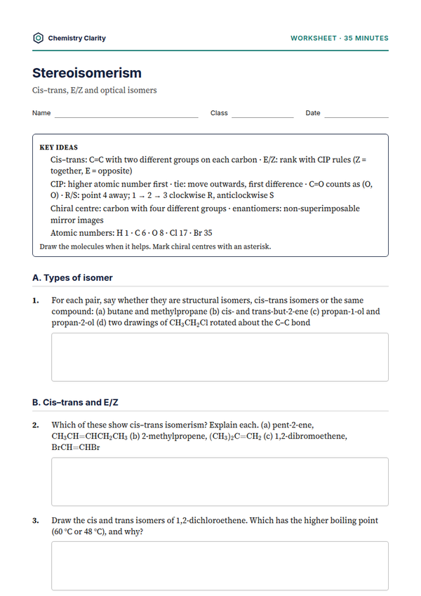 Preview of the first page of Stereoisomerism Worksheet