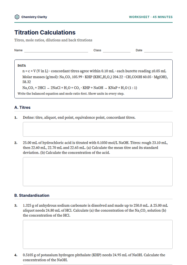 Preview of the first page of Titration Calculations Worksheet